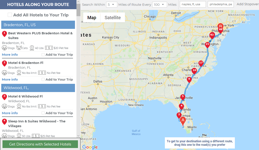 Find pet friendly hotels along your route